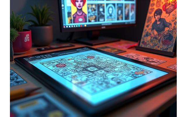Detail shot of a comic artist's workstation at Pixel Hearth, with digital drawing tablets, reference art, and sketches.