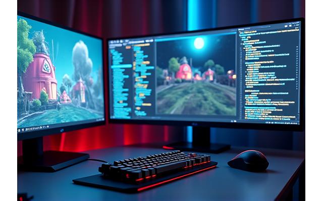 A game development workstation with multiple monitors displaying game code, 3D models, and concept art, highlighting the intricate process.