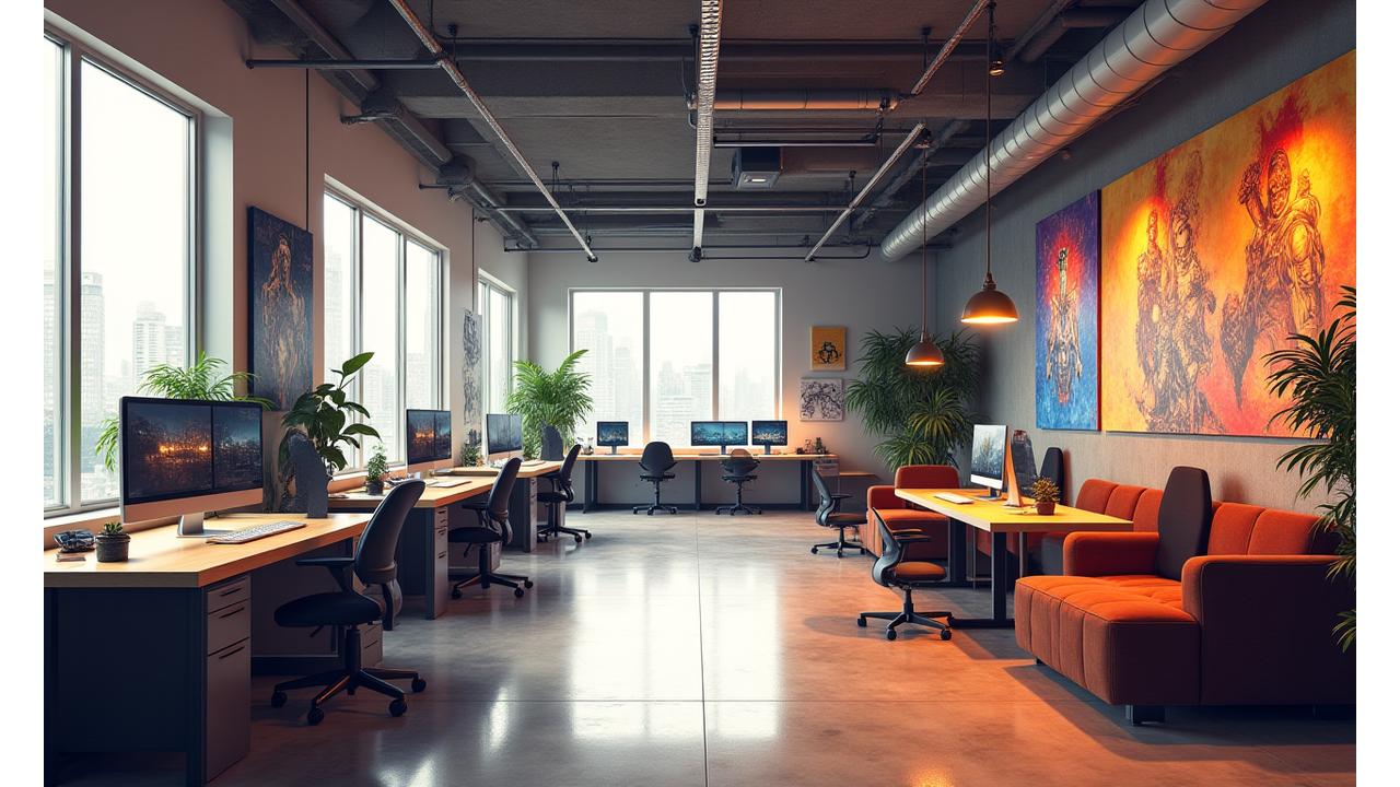 Panoramic view of Pixel Hearth Studios' modern, open-plan office space in St. Paul, featuring collaborative workspaces, a relaxed lounge area, and vibrant comic art on the walls.