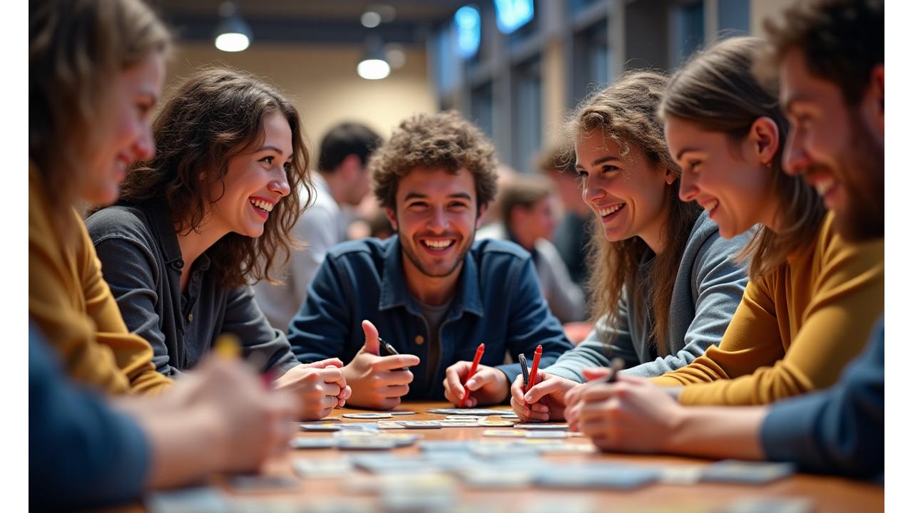 Collage of happy diverse people playing board games at an event, with Pixel Hearth Studios branding visible