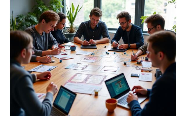 Game designers collaborating around a table filled with various game prototypes and sketches