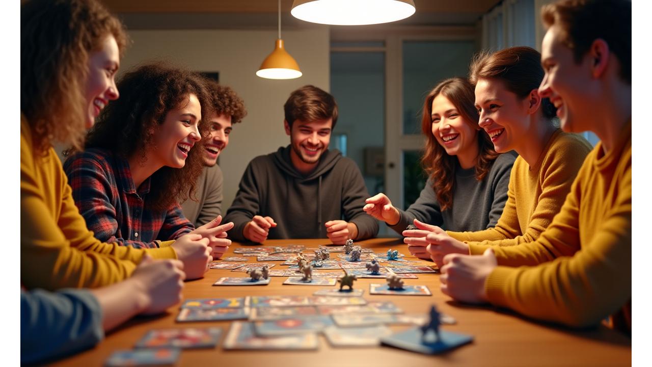 Diverse group of friends joyfully playing an engaging board game with vibrant components on a well-lit table
