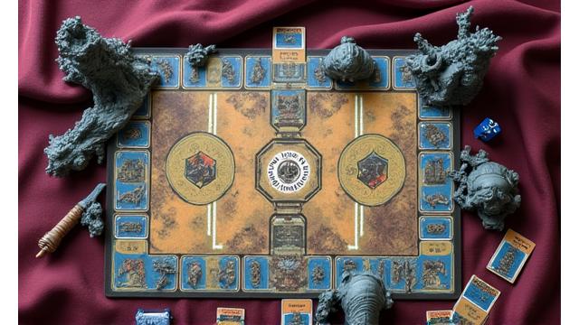 Detailed shot of Aetherbound Saga game components including miniatures, cards, and custom dice