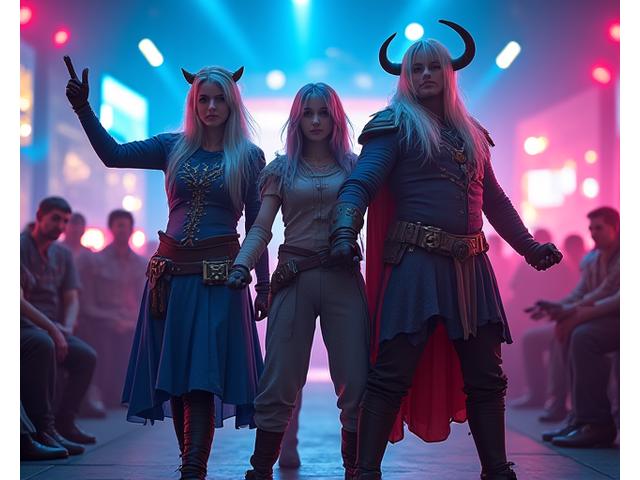 Two cosplayers in elaborate, high-quality costumes from Pixel Hearth Studios' comic book characters posing dramatically at a convention, surrounded by admiring fans. Dynamic lighting emphasizes detail.
