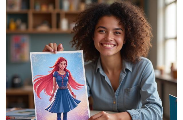 Fan artist Sarah Jenkins proudly displaying her 'Cosmic Saga' fan art