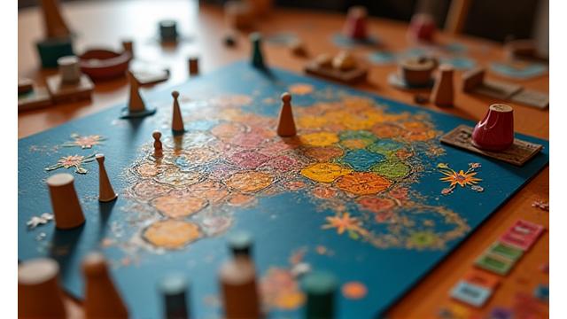 Family playing a vibrant board game with custom pieces