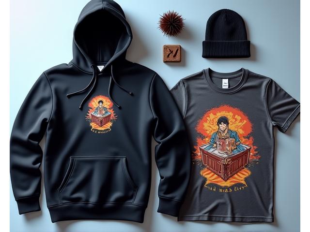Pixel Hearth Studios branded hoodie and t-shirt on display