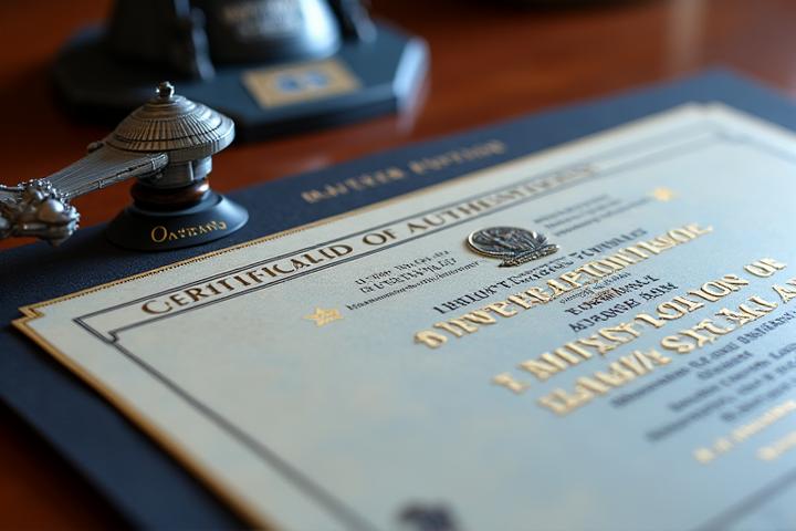 Close-up of a holographic certificate of authenticity next to a limited edition collectible