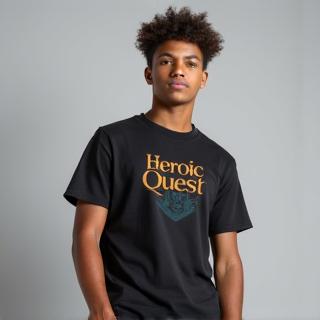 Model wearing a Pixel Hearth Studios 'Heroic Quest' themed t-shirt