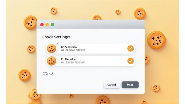 A visual representation of cookie settings on a screen, with small digital tokens or 'cookies' floating around, emphasizing user control. Predominantly warm tones like orange and yellow from the brand palette.