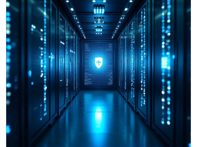 A futuristic, secure digital vault, glowing with protective energy lines in primary blue and purple, signifying robust data protection and advanced encryption. Dark, sophisticated background.