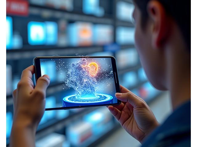 Person holding a smartphone, a vibrant augmented reality overlay showing a 3D comic character or game item floating above a physical display, futuristic and engaging, with elements of #1E3A8A and #F59E0B.