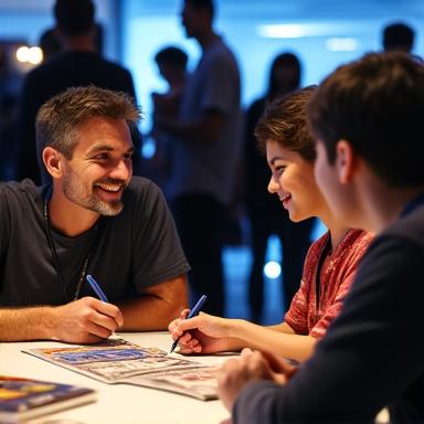 A comic book artist happily signing a graphic novel for an admiring fan at a table, with other fans in the background, a warm interactive scene, vibrant, with soft studio lighting.