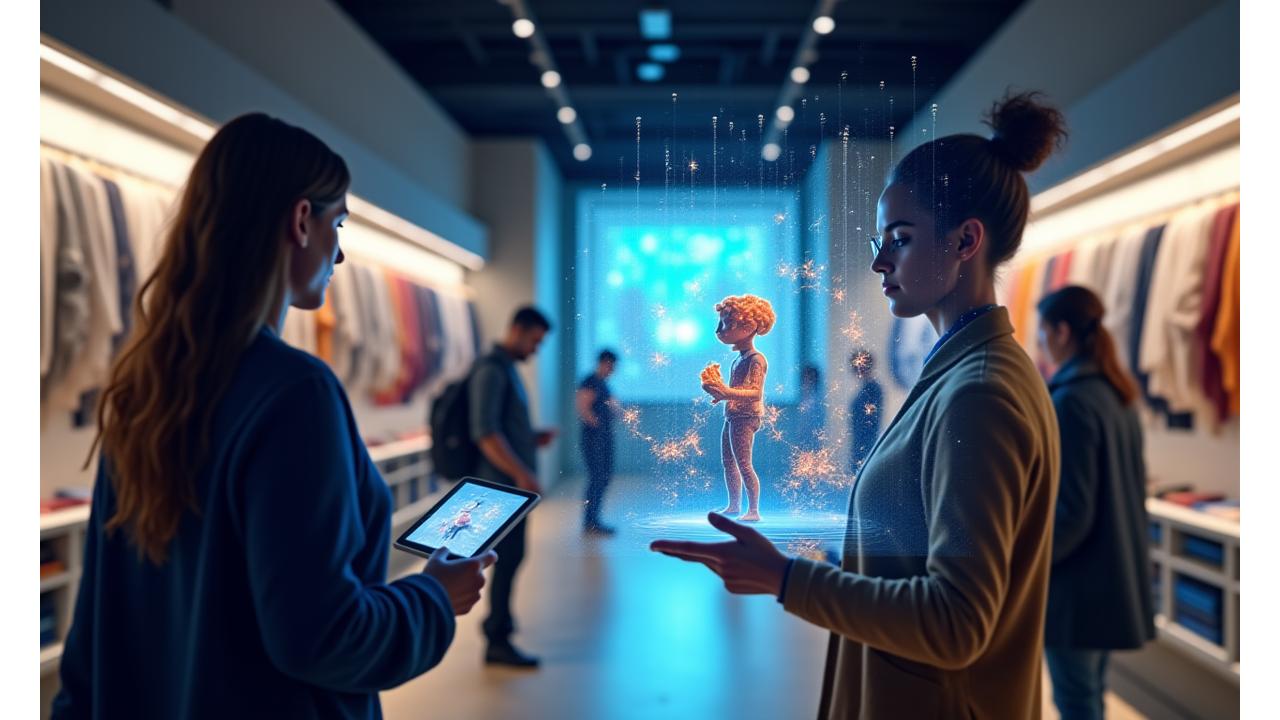 A bustling pop-up shop with customers exploring merchandise, one person holding up a tablet interacting with an AR display, sleek, modern, energetic, demonstrating technological integration at a Pixel Hearth Studios pop-up.