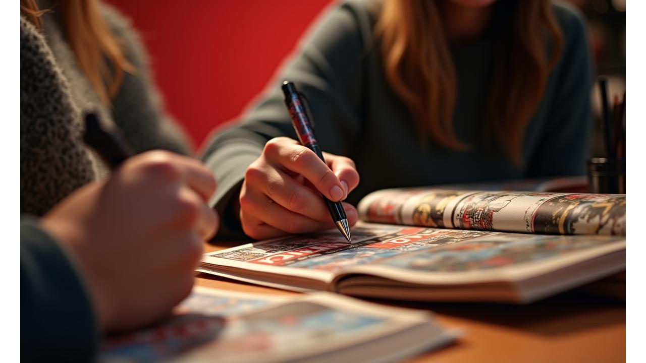 Close-up of a comic book artist signing a comic, an eager fan's hand holding out the book, warm lighting, showing genuine interaction and connection at a prior Pixel Hearth Studios event.