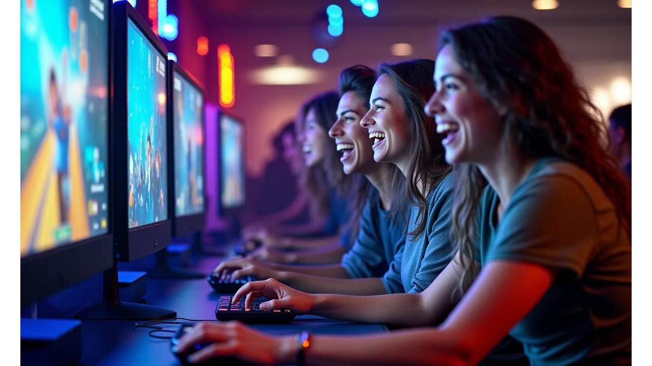 A group of friends laughing and playing an indie video game at an interactive booth, screens glowing, vibrant atmosphere, showcasing an exciting gaming experience from a past event.