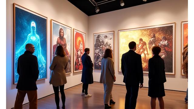 An art gallery setting with various limited edition comic art prints beautifully displayed, glowing with holographic elements, artists engaging with fans, sophisticated yet creative atmosphere.
