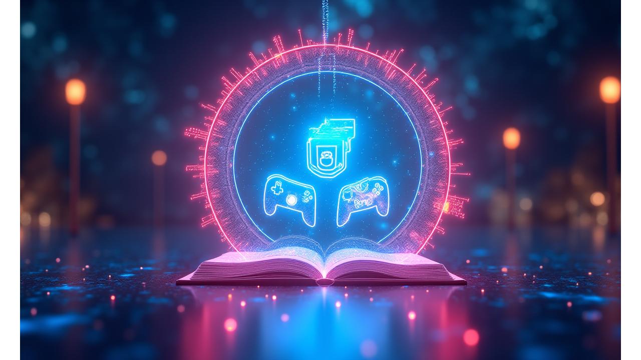 Illustration of a vibrant, digital portal with various icons representing comics, games, and merchandise, denoting different services and content on the Pixel Hearth platform.