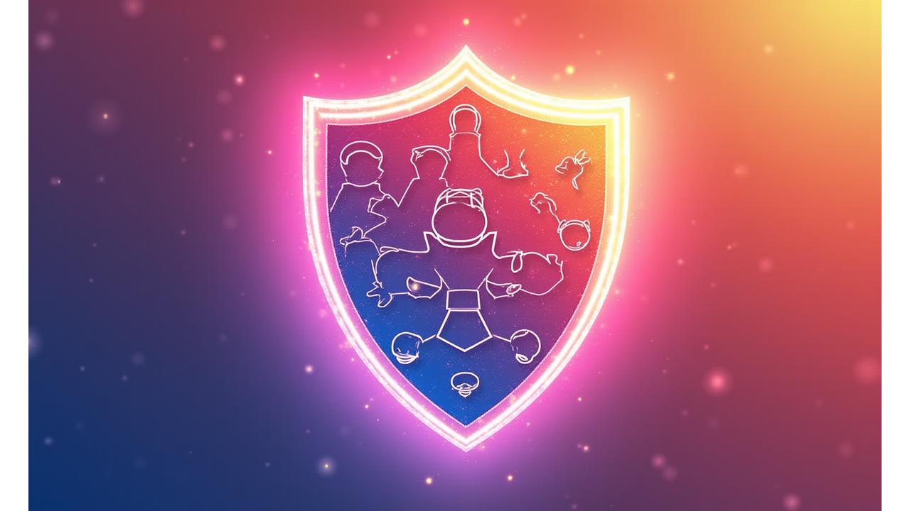 Stylized abstract shield protecting a diverse group of users, representing user responsibilities, community standards, and safety on the Pixel Hearth platform.